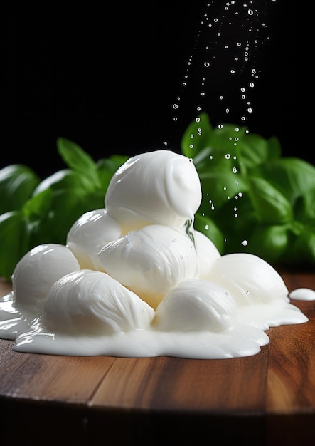 Mozzarella fresca sul tavolo di legno con gocce d'acqua Generative Ai