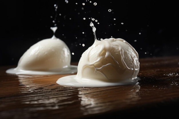 Mozzarella fresca sul tavolo di legno con gocce d'acqua Generative Ai