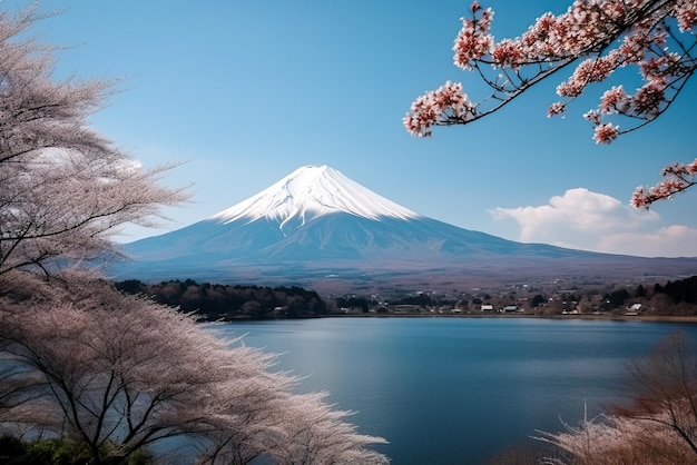 Mt Fuji e Cherry Blossom al lago Kawaguchiko in Giappone IA generativa