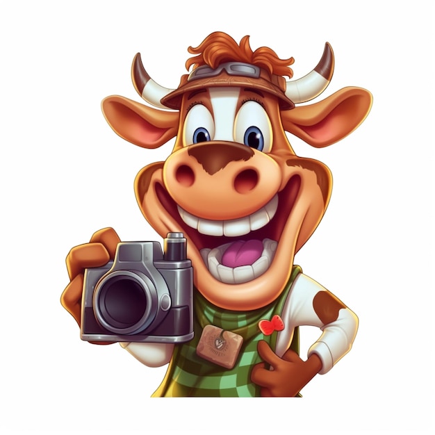 mucca cartone animato con una telecamera e una telecamera in mano generativa ai