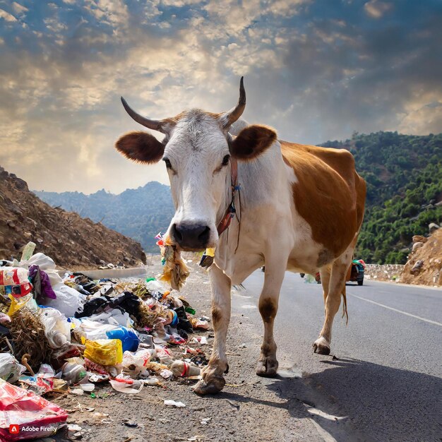 mucca che mangia i rifiuti sul lato della strada