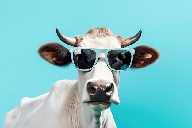 Mucca con occhiali da sole su sfondo blu ritratto animale surreale IA generativa