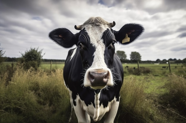 Mucca da latte su un campo di fronte alla telecamera in un'immagine agricola