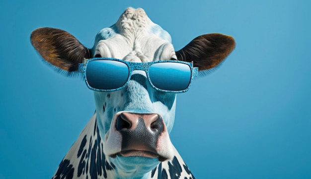 Mucca divertente con occhiali da sole davanti allo sfondo blu dello studio IA generativa