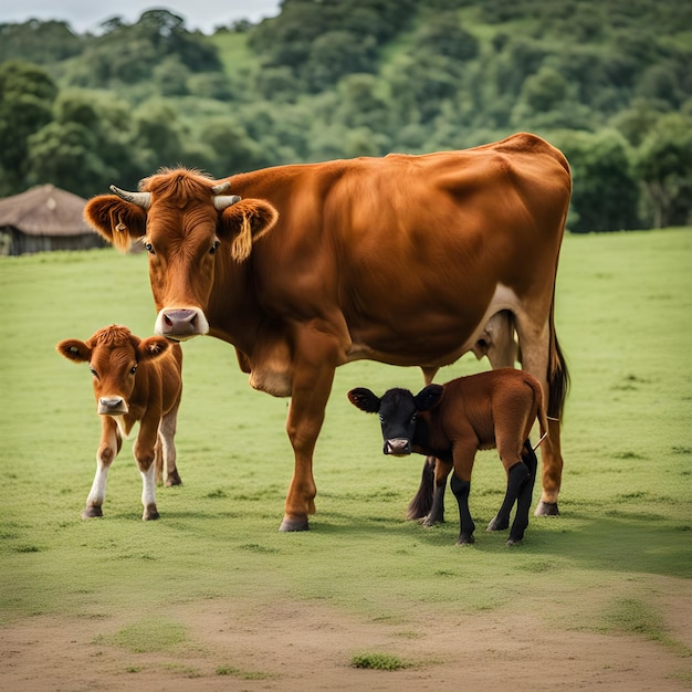mucca e vitello in un terreno