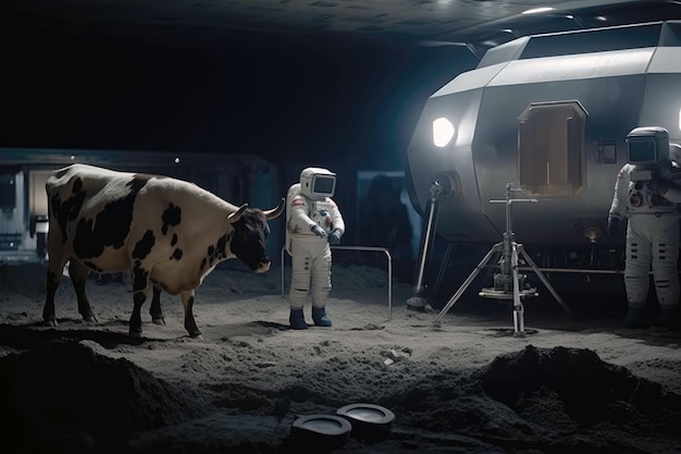 Mucca in base lunare con gli astronauti IA generativa
