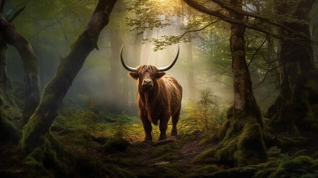 Mucca scozzese dell'altopiano che sta nella foresta che guarda l'obbiettivo
