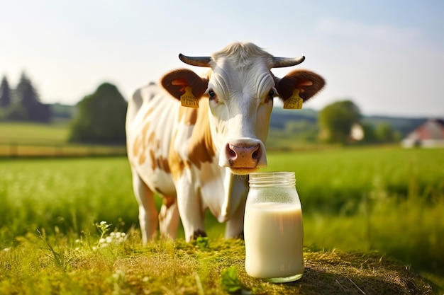Mucca vicino a un tavolo di legno con latte e latticini