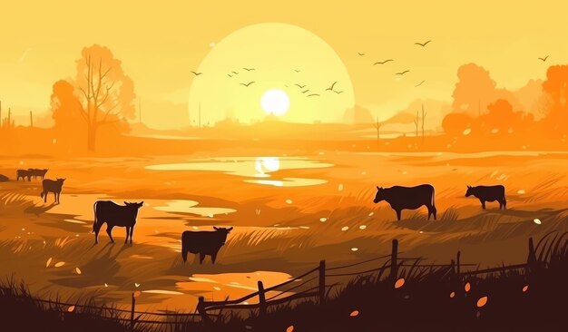 Mucche al pascolo in un'azienda agricola con luce solare illustrazione del paesaggio agricolo con ai generativa