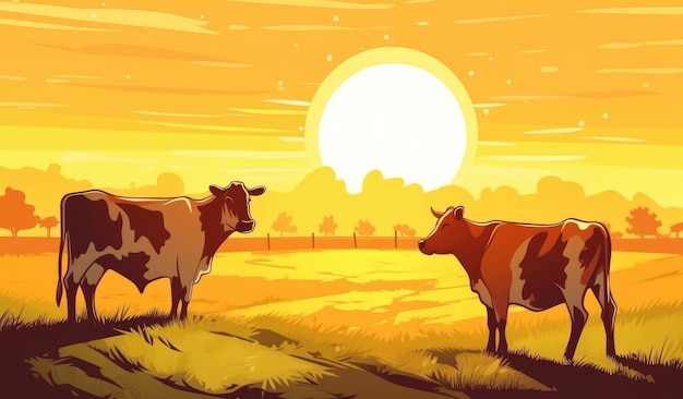 Mucche al pascolo in un'azienda agricola con luce solare illustrazione del paesaggio agricolo con ai generativa