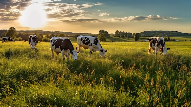 Mucche al pascolo in un campo al tramonto