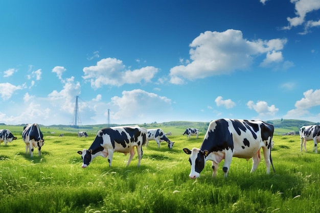 mucche che pascolano in un campo con linee elettriche sullo sfondo.