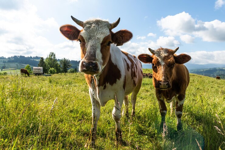 Mucche felici che pascolano sull'erba verde in estate