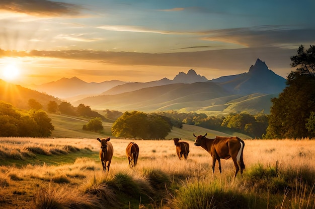 Mucche in un campo al tramonto con le montagne sullo sfondo