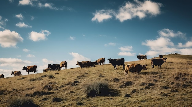 Mucche su una collina sotto un cielo blu