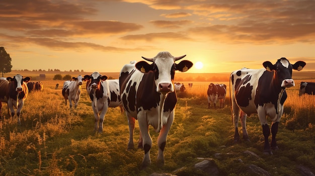 Mucche sul prato al tramonto IA generativa
