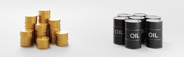 Mucchi di monete e barili di petrolio su sfondo grigio chiaro