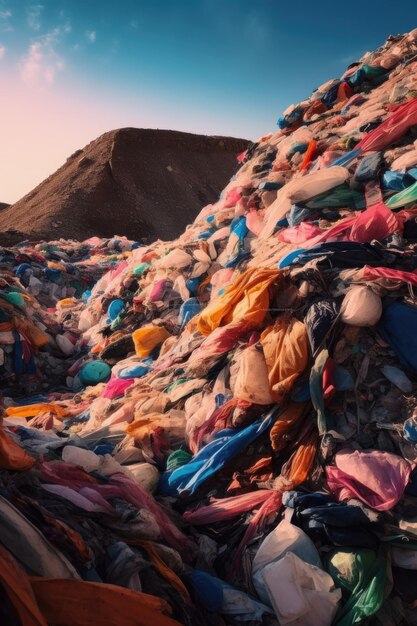 Mucchi di rifiuti di plastica colorati in una discarica creata con l'intelligenza artificiale generativa