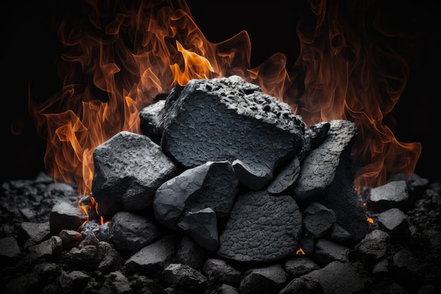 Mucchio ardente di carbone che emette fiamme e fumo IA generativa