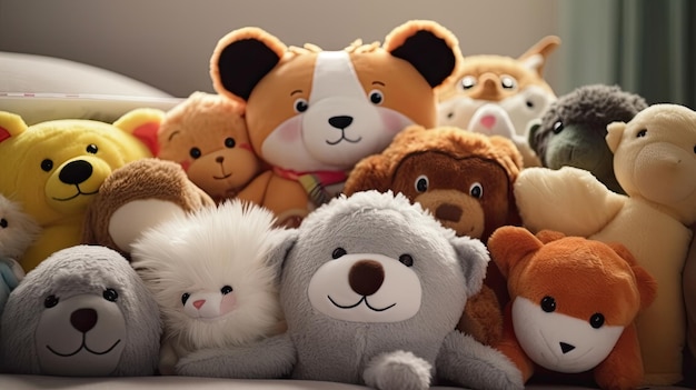 Mucchio di animali imbalsamati appoggiati sopra un letto Articoli per bambini