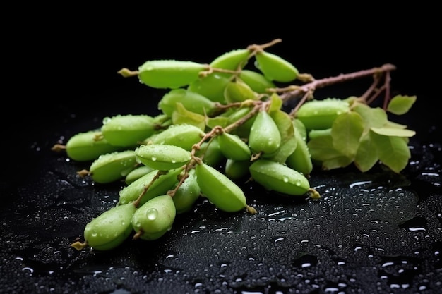 Mucchio di baccelli di edamame sulla roccia nera bagnata