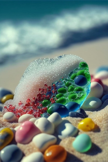 Mucchio di caramelle che si siedono in cima a una spiaggia di sabbia ai generativa