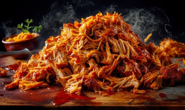 Mucchio di carne sminuzzata seduta sopra il tagliere ricoperta di salsa IA generativa