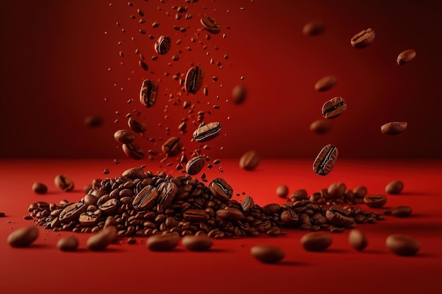 Mucchio di chicchi di caffè che cadono nell'aria su sfondo rosso Creato dall'intelligenza artificiale
