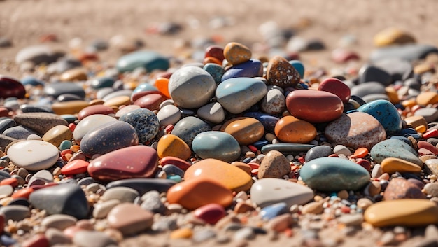 Mucchio di ciottoli multicolori su uno sfondo di spiaggia naturale generato dall'intelligenza artificiale