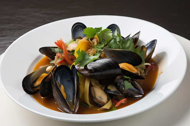 Mucchio di cozze con brodo salato al vapore e verdure