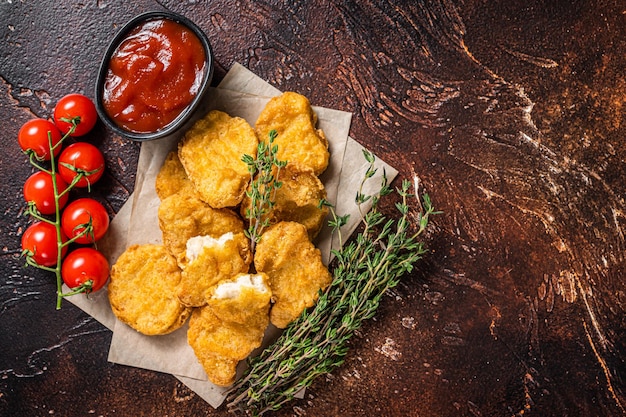 Mucchio di croccanti bocconcini di pollo al forno fatti in casa con ketchup. Sfondo scuro. Vista dall'alto. Copia spazio.