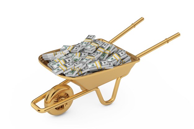 Mucchio di denaro USD in un rendering 3d di Golden Wheel Barrow