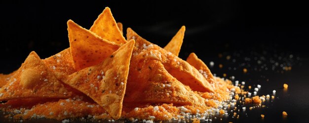 Mucchio di doritos con sale su uno sfondo scuro AI generativa