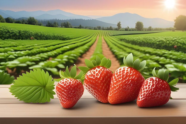 Mucchio di fragole sul tavolo con sfondo di campo di fragole all'alba