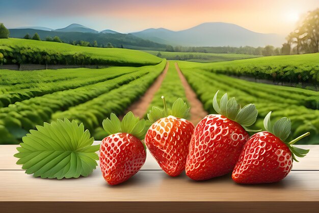 Mucchio di fragole sul tavolo con sfondo di campo di fragole all'alba