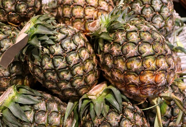 Mucchio di frutta matura di ananas maturo con gambo verde