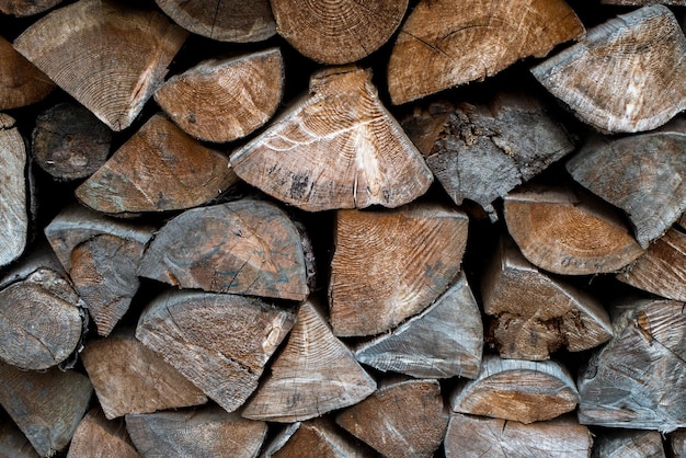 Mucchio di legno che forma una parete. Ecologia e problemi di deforestazione in natura.