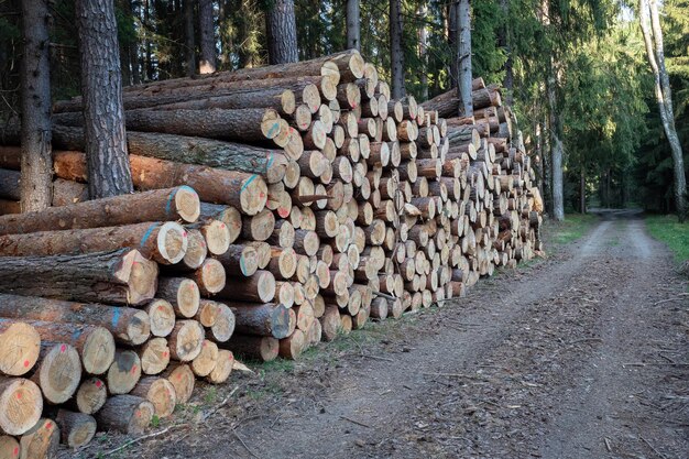 Mucchio di legno Una vista di enormi pile di tronchi