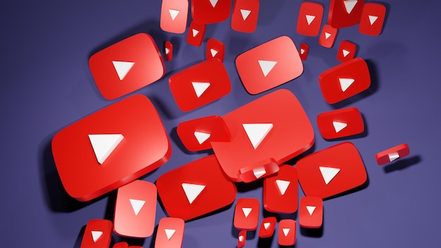 Mucchio di loghi dei pulsanti di riproduzione di youtube rendering 3d