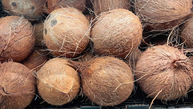 Mucchio di noci di cocco sulla gondola del supermercato