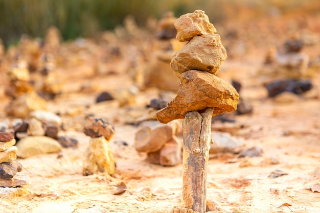 Mucchio di pietre in equilibrio su un pezzo di legno Land Art in natura