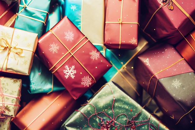 Mucchio di regali di Natale splendidamente confezionati Regali colorati festivi per familiari, partner e amici Decorazione interna per la casa per feste Rendi qualcuno felice e amato
