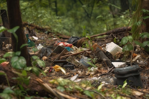 Mucchio di rifiuti di plastica nella foresta un danno naturale