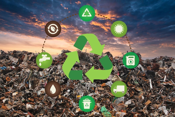 Mucchio di rifiuti in discarica o discarica Salva il concetto di terra