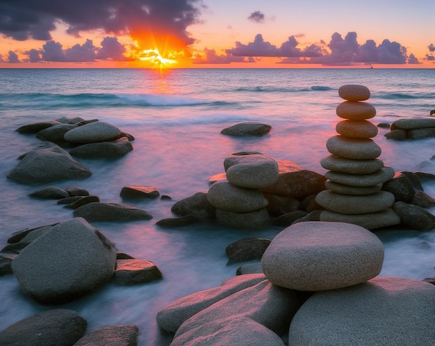 mucchio di rocce bel tramonto sul mare