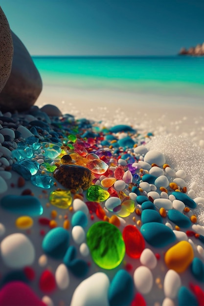 Mucchio di rocce che si siedono in cima a una spiaggia di sabbia ai generativa