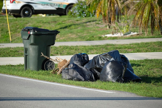 Mucchio di sacchi della spazzatura neri e pattumiera di plastica all'aperto sul lato della strada rurale Problemi di gestione dei rifiuti