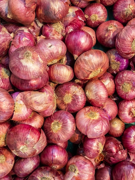 Mucchio di scalogno crudo con guscio rosso in stallo