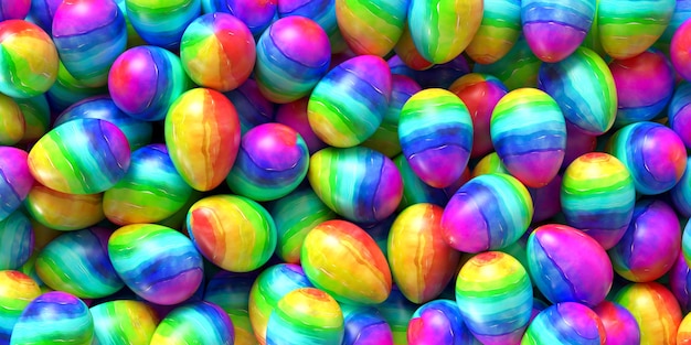 Mucchio di uova di Pasqua colorate e luminose. Rendering 3D.