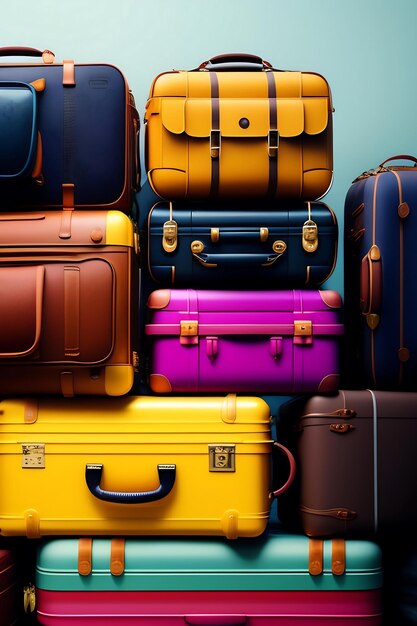 Mucchio di valigie colorate, borsoni e zaini, Viaggi e vacanze astratti